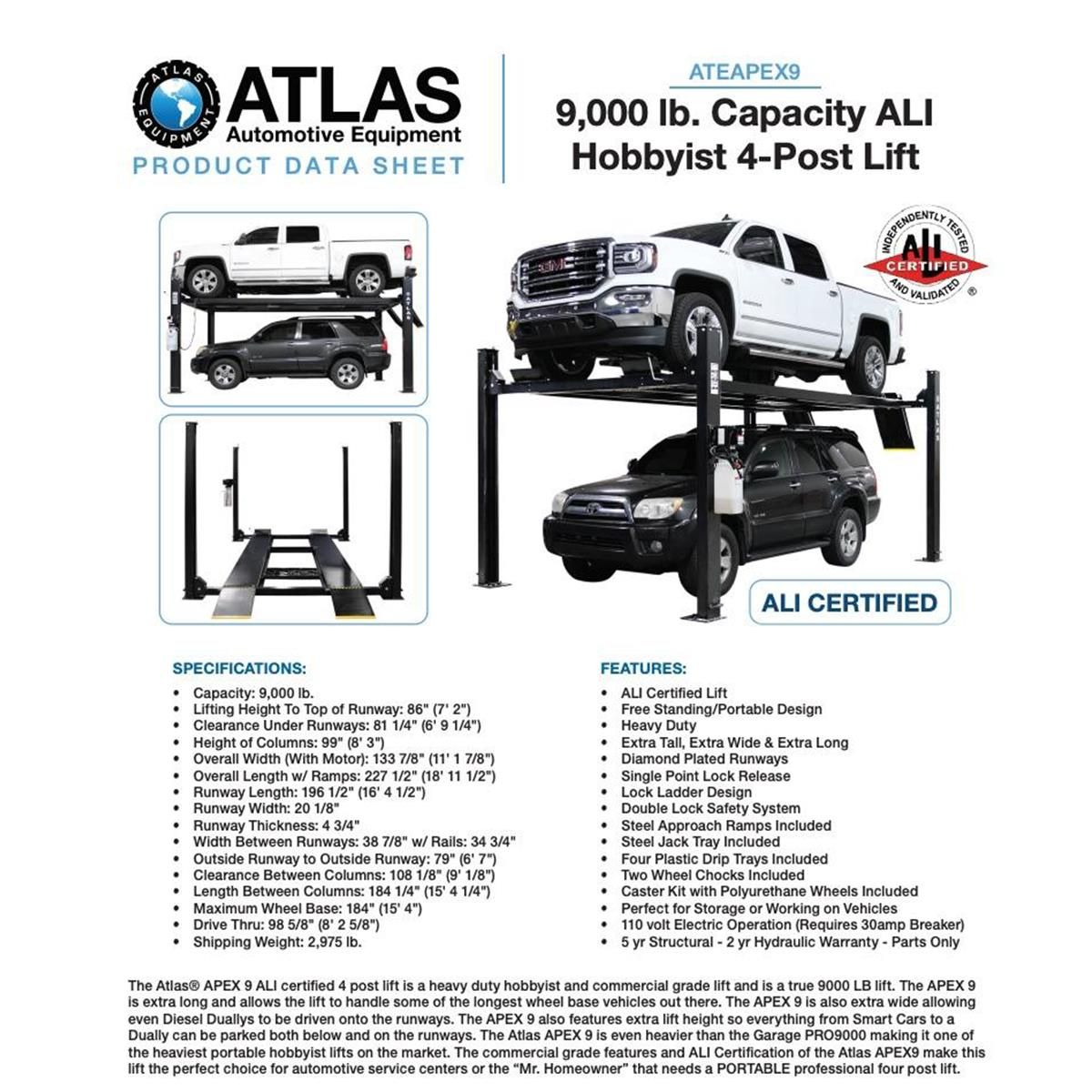 Atlas Apex 9 9,000 lb ALI Certified Home Storage 4-Post Lift - Image 20