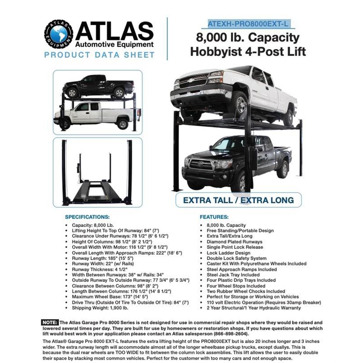 Atlas Garage Pro 8000-EXT-L 8,000 lb Extra Tall/Extra Long 4-Post Lift - Image 28
