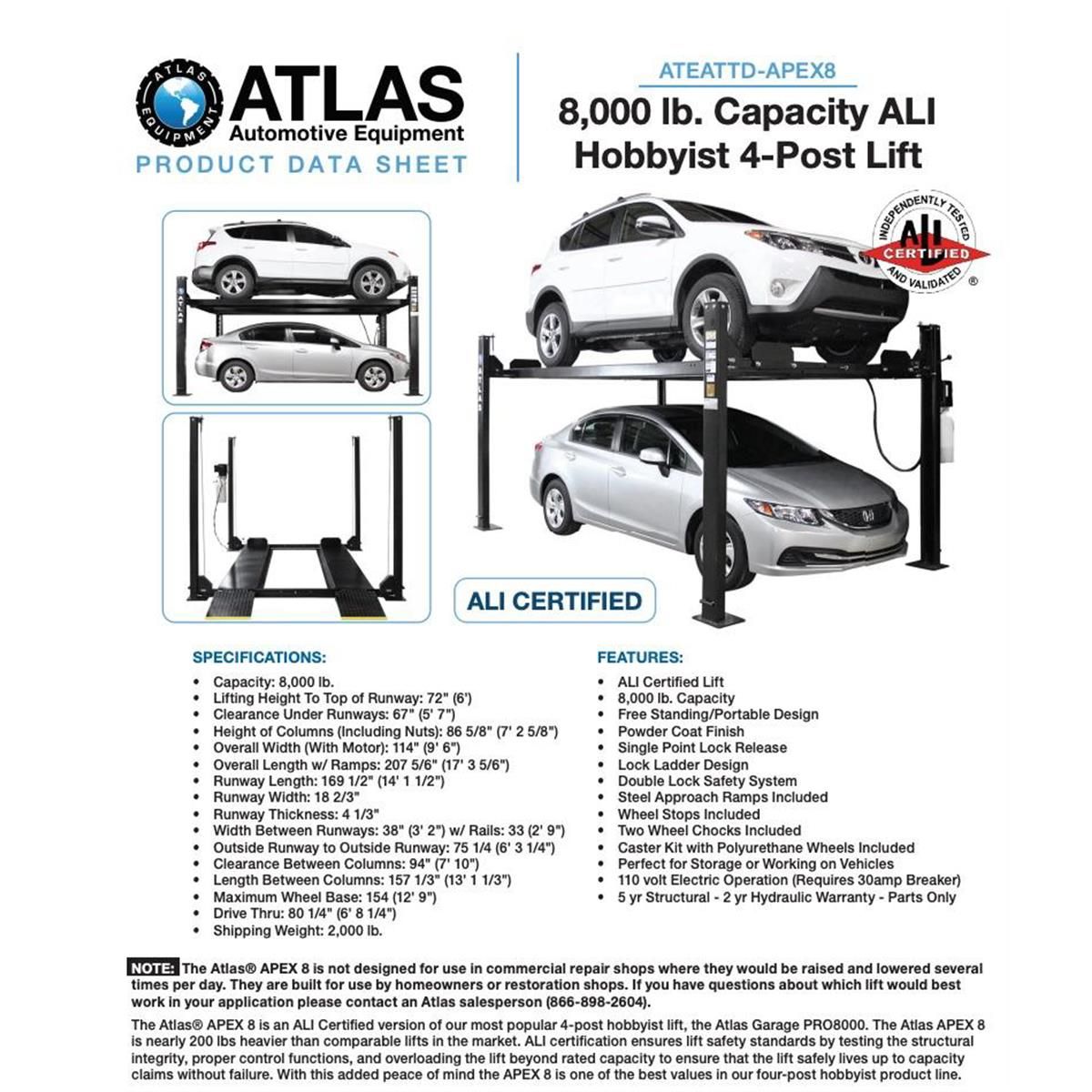 Atlas Apex 8 8,000 lb ALI Certified Home Storage 4-Post Lift - Image 18
